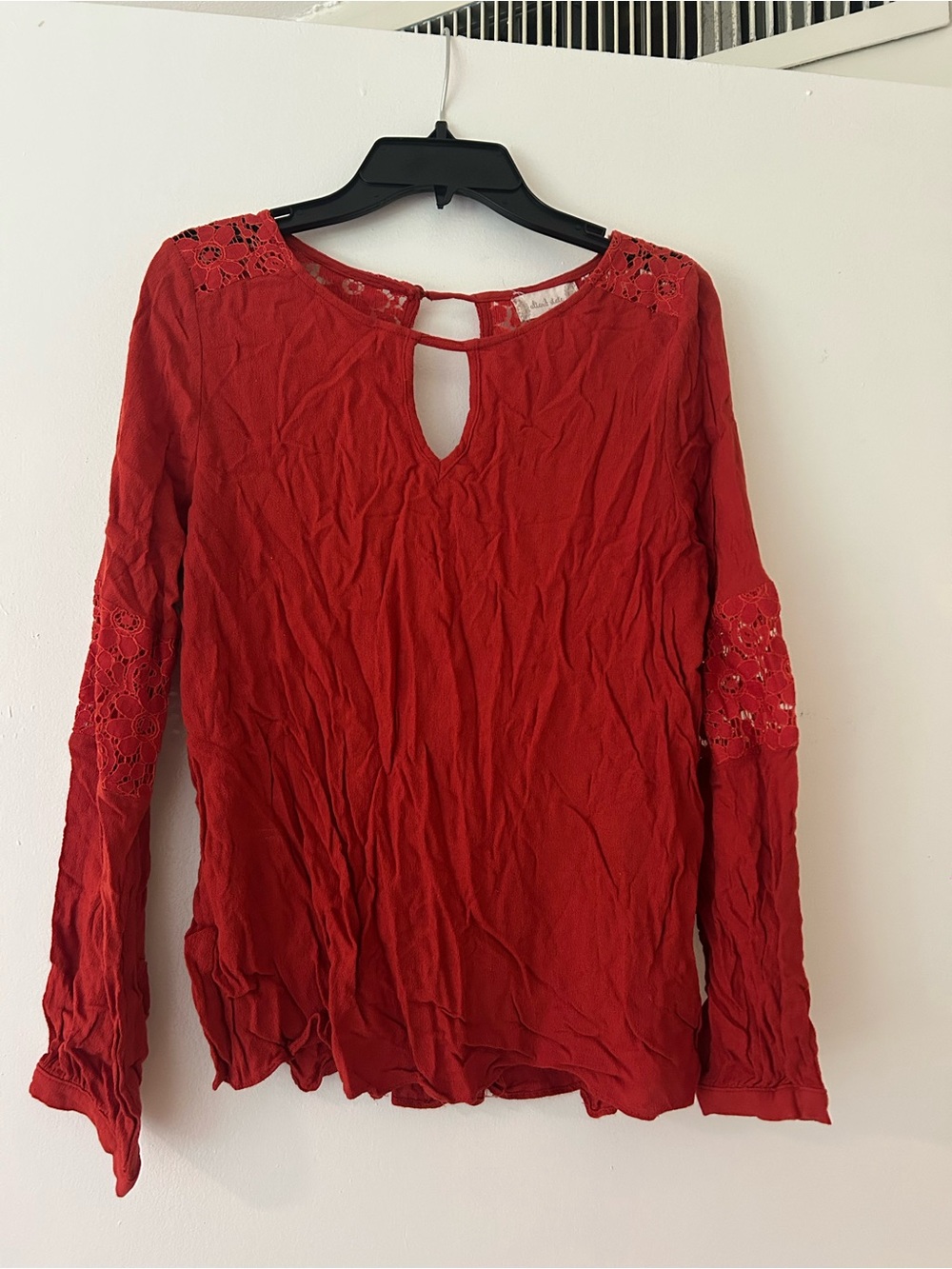 Altar'd State Red Long-Sleeve Keyhole Lace Accent Top